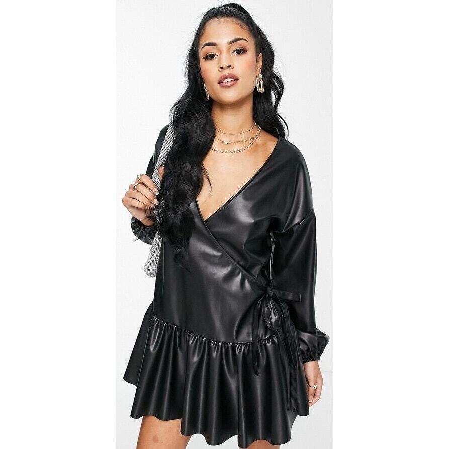 ASOS Design Leather Look Wrap Front Mini Smock Dress Black Womens 8 | eBay ASOS Design Leather Look Wrap Front Mini Smock Dress Black Womens 8 | eBay