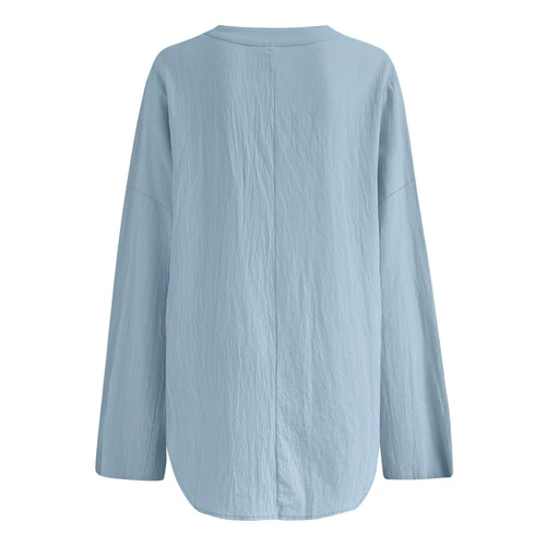 Women Cotton Linen Solid Color 3/4 Sleeve Shirt V-Neck Loose Blouse Pullover Top - Bild 9 von 25