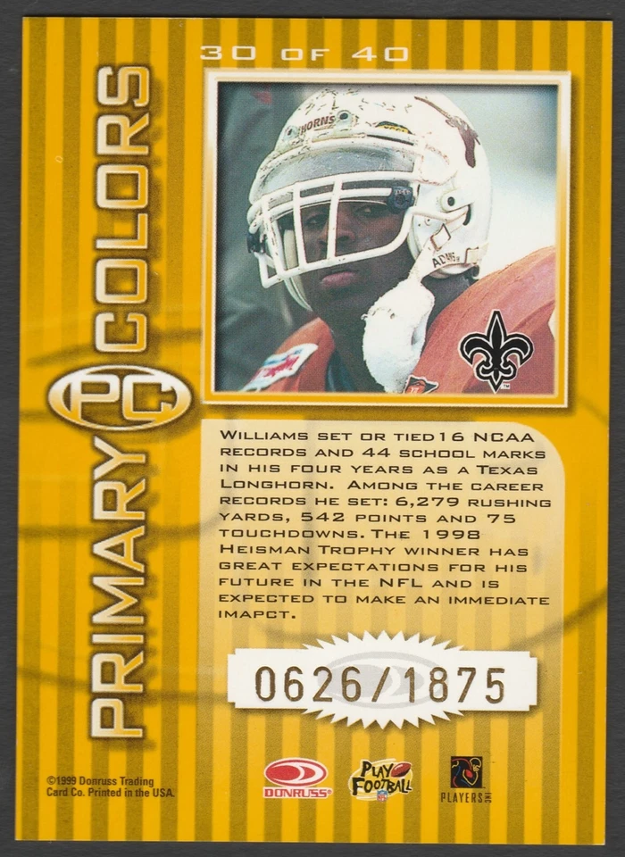 Ricky Williams 1999 Donruss Elite Primary Colors Yellow /1875 Saints #30 🔥 - Image 2 of 2