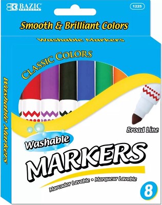 BAZIC Washable Markers Broad Line 8 Color Jumbo Size Coloring Marker, Non Toxic 