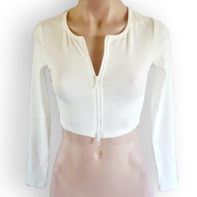 Y2k, white, cropped, long-sleeve, zip up top jacket cardigan Fits