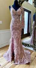 Portia and Scarlett - PS21126 Feather Fringed Embroidered Long Gown Size 6 Blush