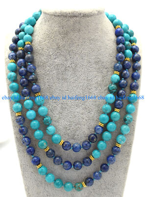 Echte 8mm Blau Lapis Lazuli & Natürliche Türkis Rund Edelstein Halskette 36-100''
