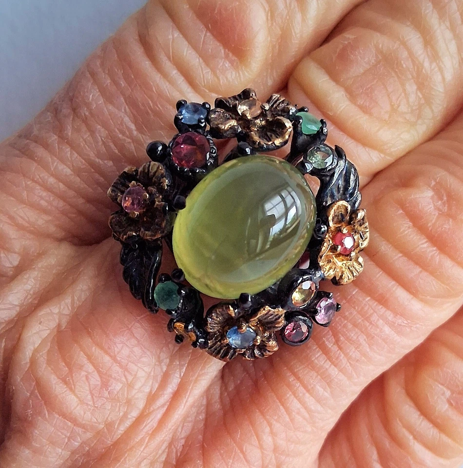 ANELLO ARG. STERLING 925 BRUNITO CON PRENITE, TORMALINE E SMERALDI NATURALI - Immagine 2 di 4