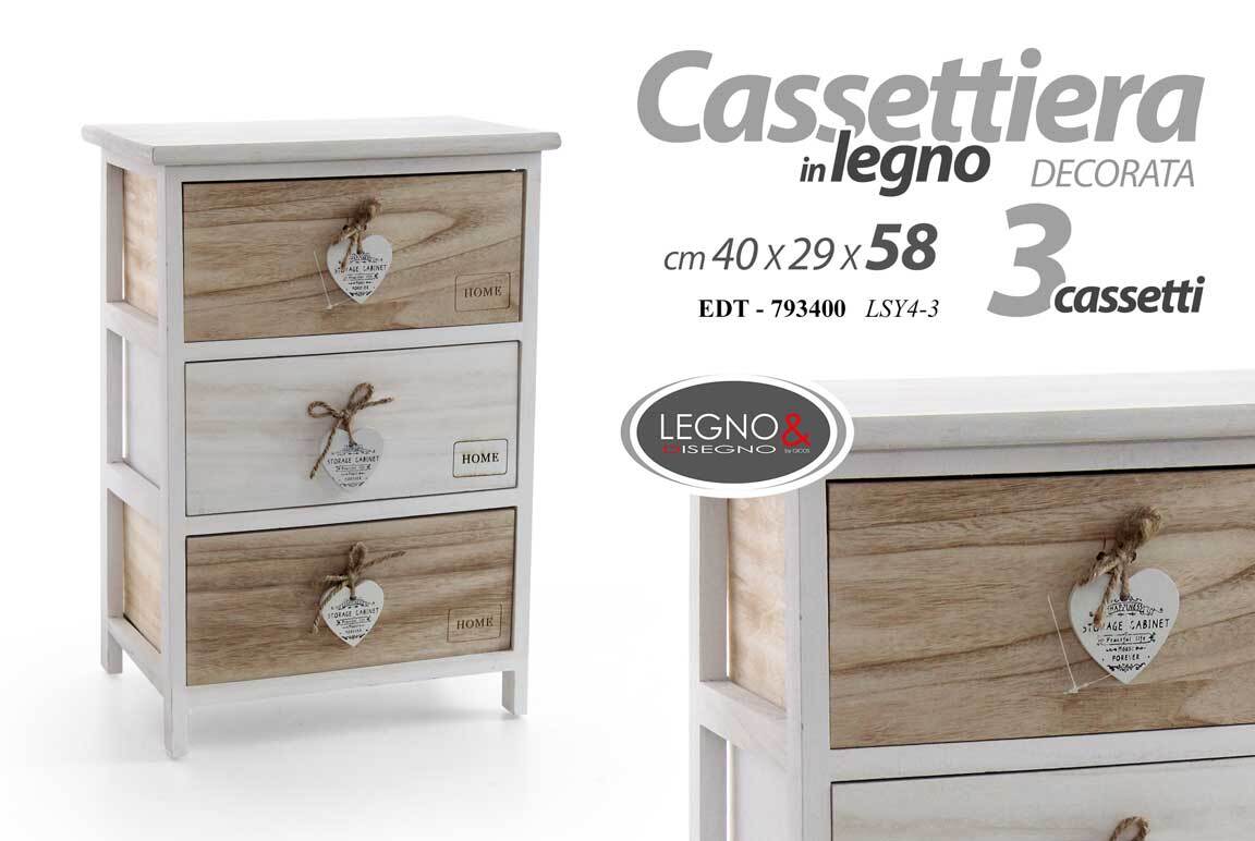 CASSETTIERA 3 CASSETTI COMODINO LEGNO MODERNO MARRONE BIANCO CUORE 58*40*29 CM
