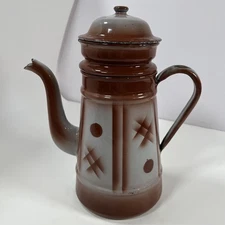 Antique Vintage French Enameled Coffee Pot - Gray & Brown Stenciled Pattern