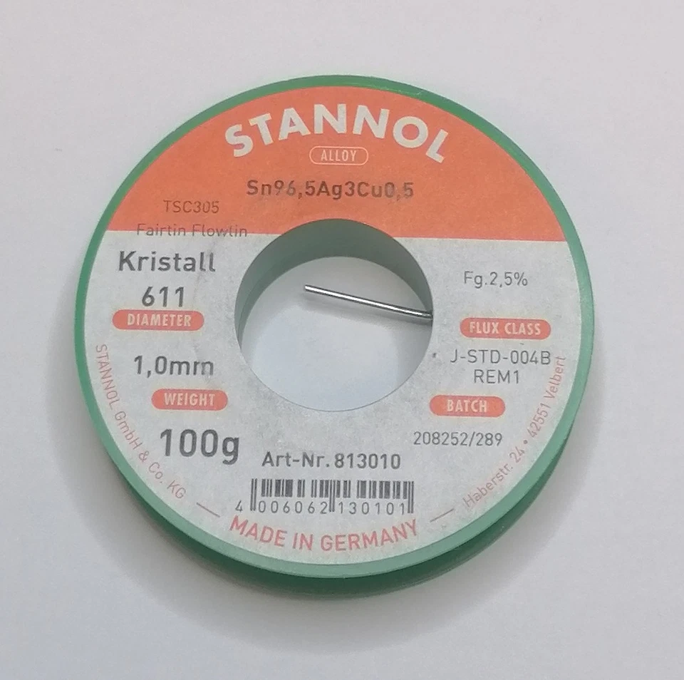 Stannol Lötzinn/Lötdraht Kristall 611 TSC305 Flowtin Sn96,5Ag3Cu0,5 1mm 2,5% 1 - Bild 1 von 1