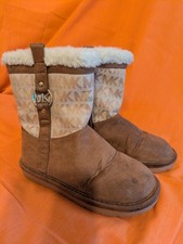 Michael Kors Girls Tan Brown MK Signature Fur Zip Up Boots Shoes Size 10