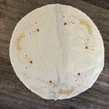 Embroidered Table Topper Dresser Scarf Round Linen Ribbon Bows Floral 15.5 In