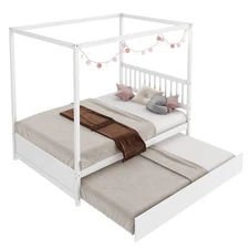 Full Size Canopy Bed with Trundle Wooden Platform Bed Frame Headboard White