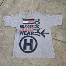 Vtg 90s TOMMY HILFIGER Jeanswear Spellout All Over Print Distressed T Shirt XL