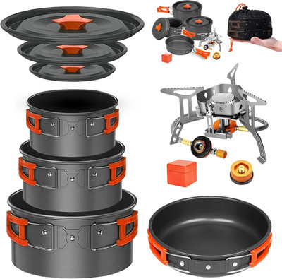 Camping Cookware Mess Kit Set with Stove - Backpacking Camping Pots and Pans Set