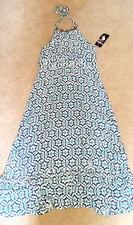 ROBBIE BEE 14 Blue Floral Halter Maxi Dress Ruffle Beaded Neck Elastic Back NEW