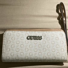 GUESS Beige Logo Zip-Around Wristlet Wallet, ...