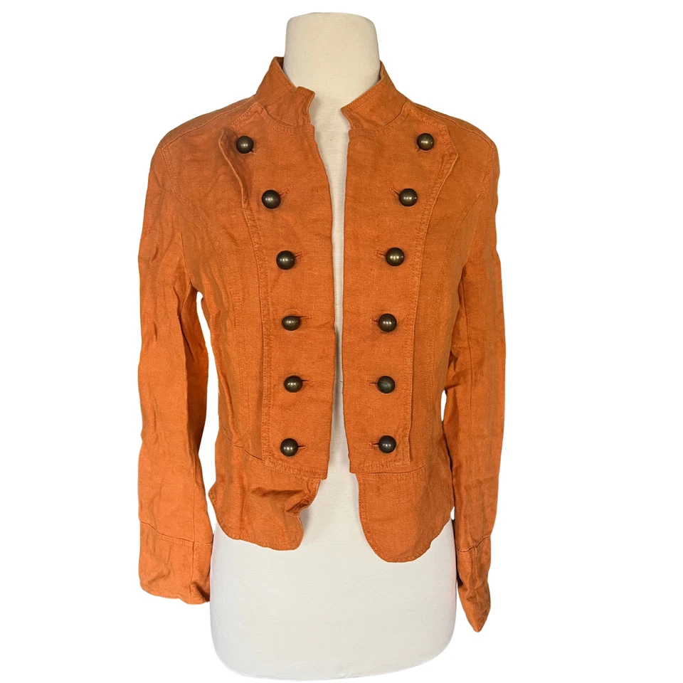 RARO Vintage Y2K, 100% Linho Zara Jaqueta Militar da Espanha; Laranja Ferrugem Tamanho M - Imagem 2 de 4