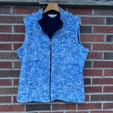Allison Daley Blue and White Paisley Floral Print Fleece Zip Up Vest Jacket