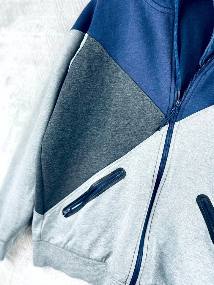 Puma Sweat Zip Homme M Bleu Gris Colorblock Coton Capuche Hiver Sportswear - Photo 3/4