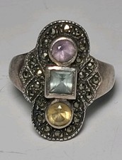 Vintage Sterling Silver Multi Gemstone Marcasite Cocktail Ring Sz 5.75"   J2 
