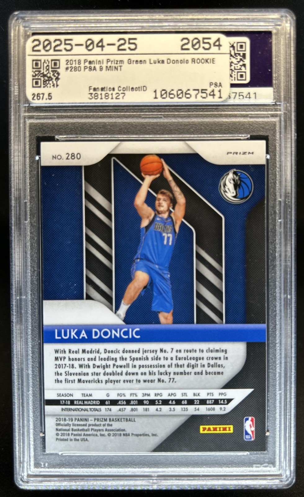 2018-19 Panini Prizm Luka Doncic Prizm Green Rookie RC #280 Mavericks PSA 9 view 2