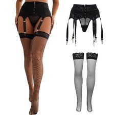 Garter Belt and Thigh Highs Stockings Set 6 Straps Metal Clip Garter Belts Bl...