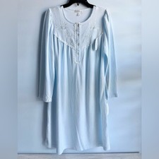 Miss Elaine Women's Light Blue Lace-Trim Long-Sleeve Knit Nightgown Size Medium