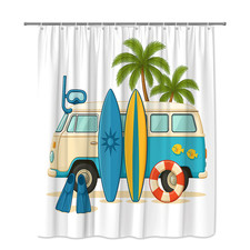 Beach Themed Shower Curtain with Surfboards and Palm Trees