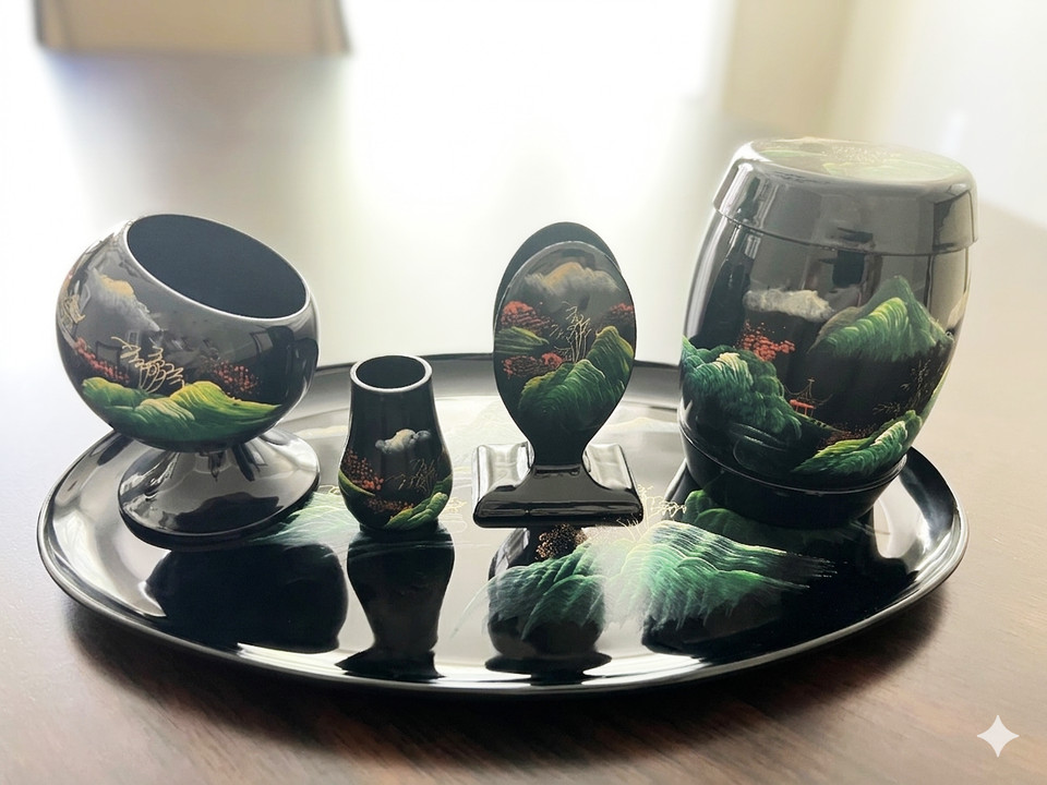 A 6-piece black lacquer chinoiserie vanity/desk tray set with genuine mid-century Asian art styling — cohesive, visually striking, and instantly decorative.