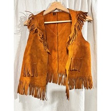 Vintage Kids Suede Leather Fringe Vest Western Cowboy Cognac Brown Size Medium