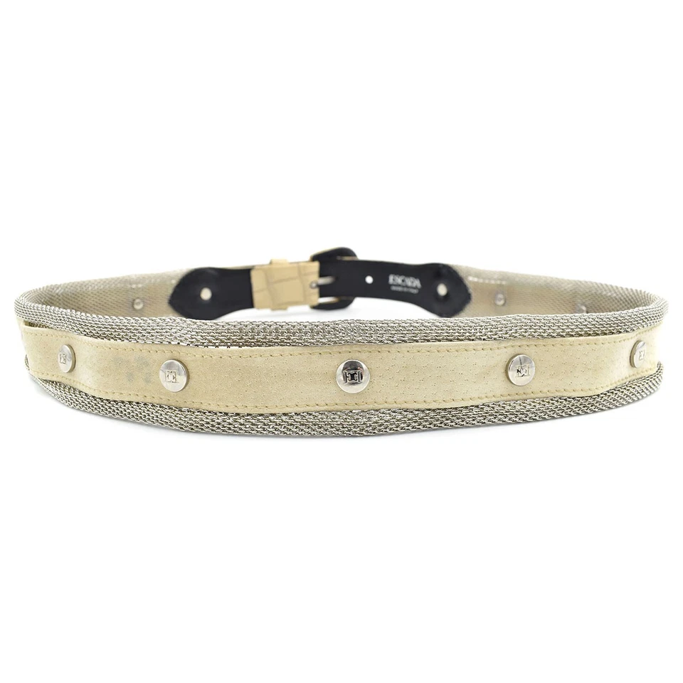 Cinturón Escada Sand Tan Gamuza/Malla de Metal Plateado/Cocodrilo Cuero Repujado Talla 42/12 EE. UU. Foto 4 de 4