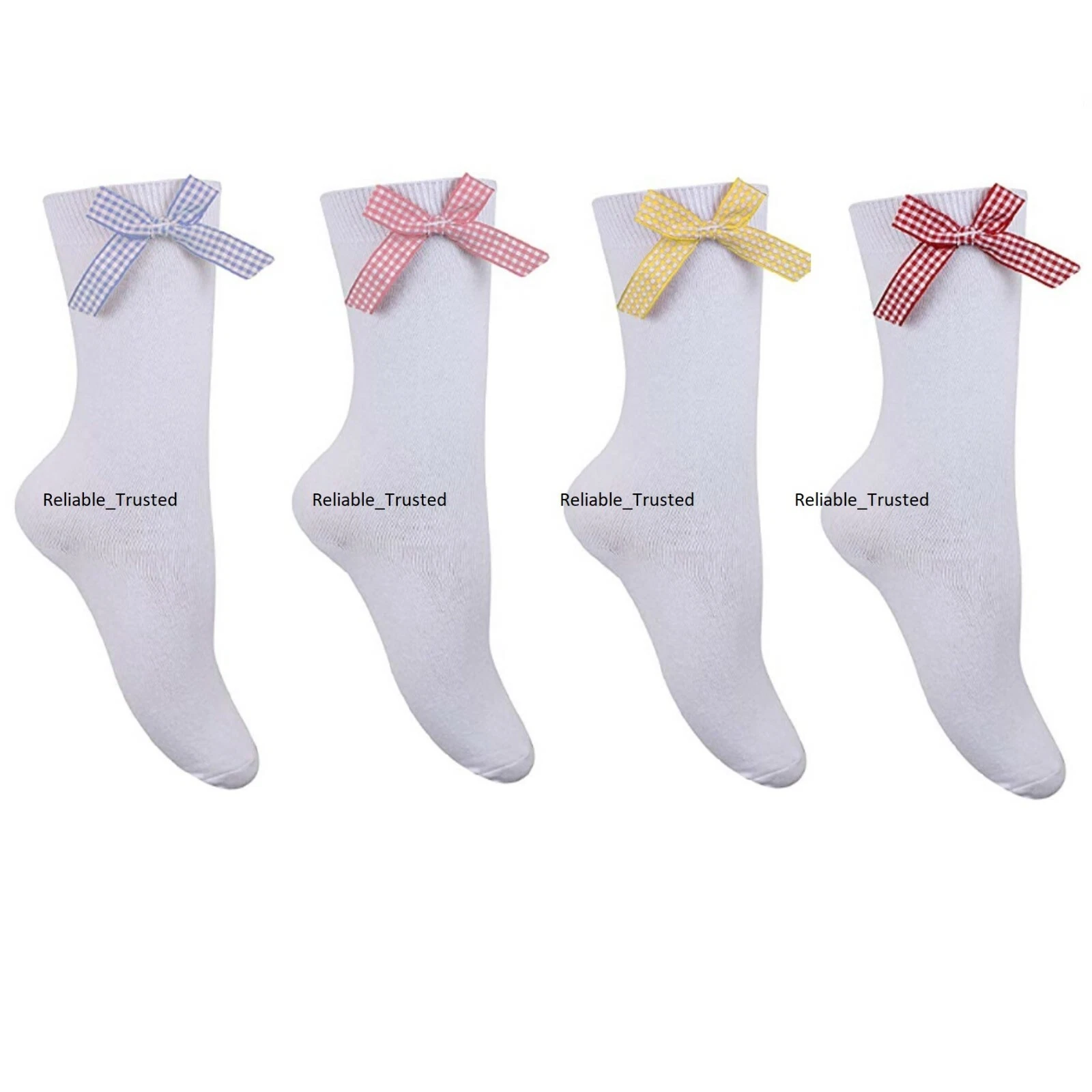 12 X Girls Childrens Gingham Check Bow White Ankle Length Socks Back School