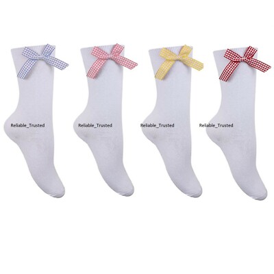 12 x Mädchen Kinder Gingham Karo Schleife weiß knöchellange Socken Rücken Schule