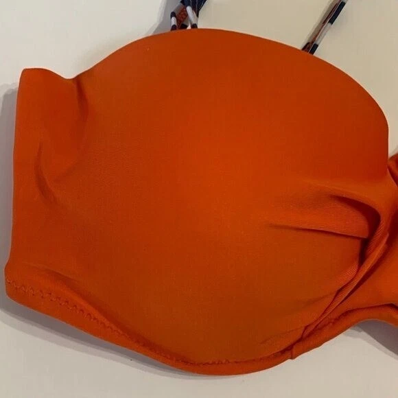 Traje de Baño 2 Piezas Bikini Naranja Acolchado Top Azul Rayas Parte Inferior Baño Mediano Foto 3 de 4