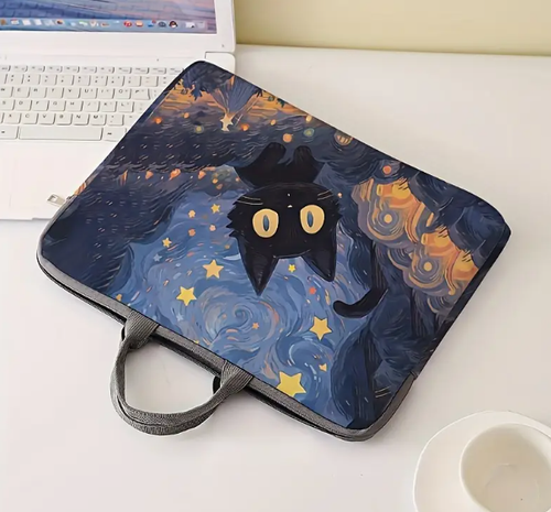 Starry Night Black Cat 15-inch Laptop Sleeve - Lightweight Polyester Zippered - Picture 3 of 6