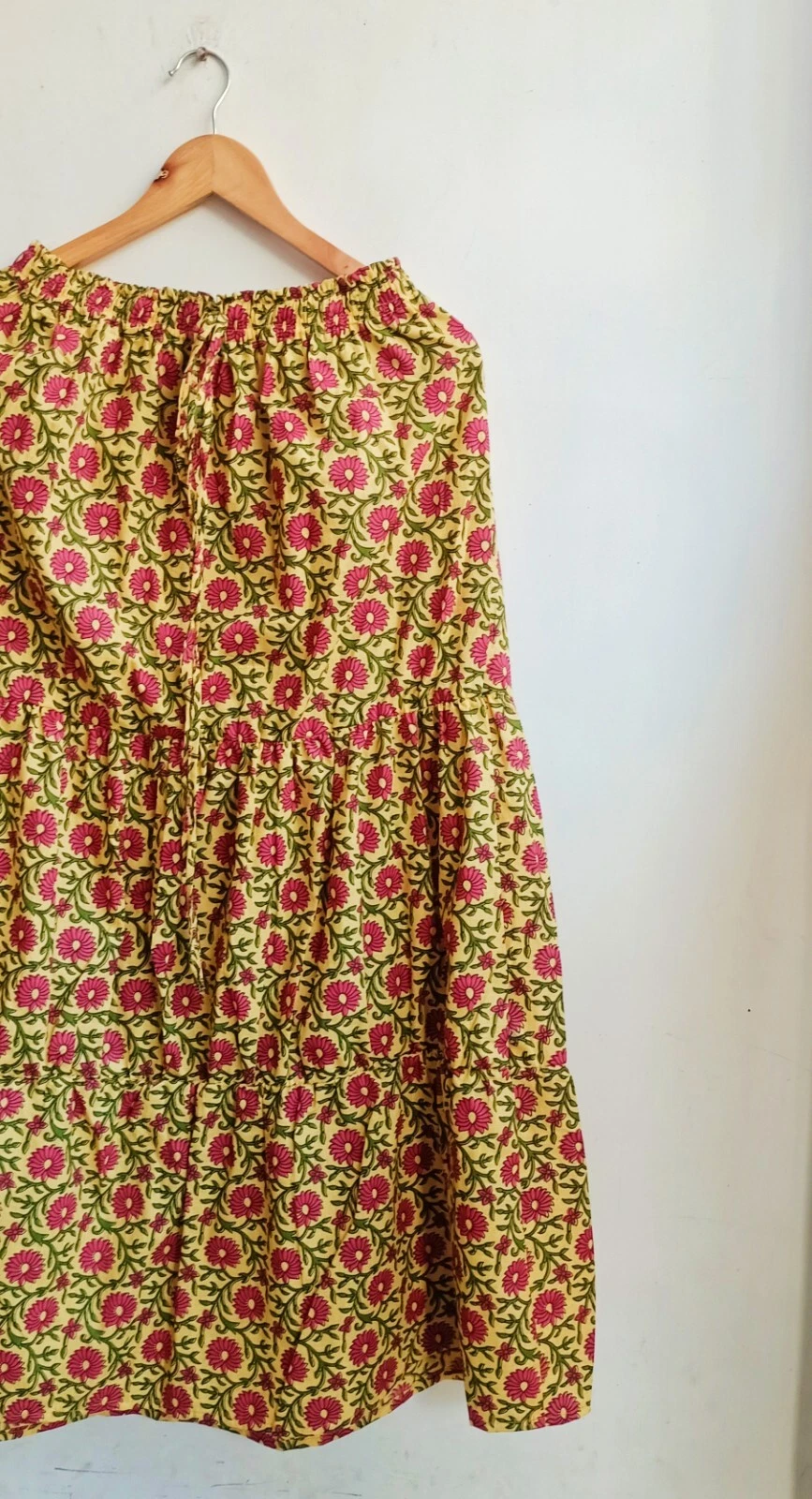 Indian Yellow Floral Frill Skirt Cotton Skirt Long Skirt Free Size Beach Wear AU