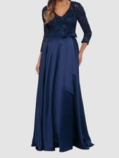 Xscape Women's Blue Lace Satin Long-Sleeve Ballgown Dress Size 4