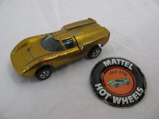 Vintage 1968 Mattel Hot Wheels Redline Gold Lola GT w/ Original Metal Button VG