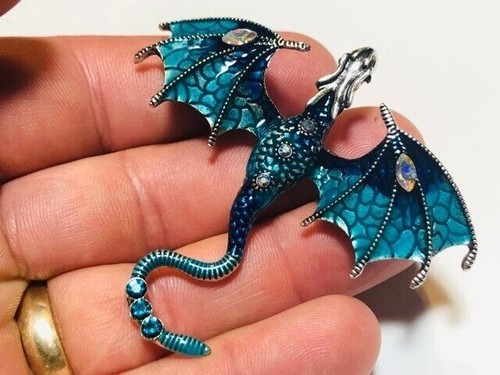 Beautiful Shimmering Blue Crystal & Enamel Dragon Brooch / Necklace Pendant - Picture 5 of 13