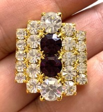 5.53 Vintage Button Cover Rhinestone Gold Tone Red Clear Crystal Dress Clip