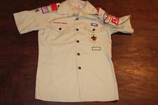 Boy Scouts of America BSA Youth Shirt Large Tan Short Sleeve Glued Patches