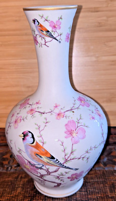 Schöne Vintage Ceramica Ibis Aveiro Portugal Goldfinch / Rosa Blüten Vase