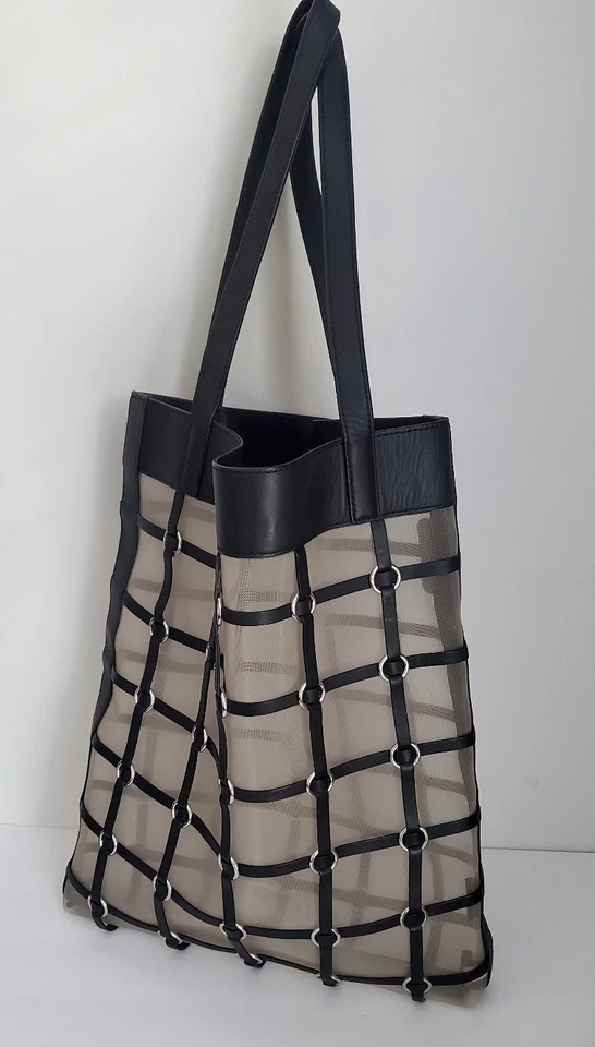 Bolso de Mano 3.1 Phillip Lim Billie Twisted Cage Malla Plateada Borde de Cuero Negro 16 pulgadas Foto 2 de 4