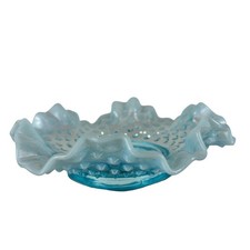 Vintage Fenton Blue Opalescent Glass Candy Dish with Ruffled Edges 6  