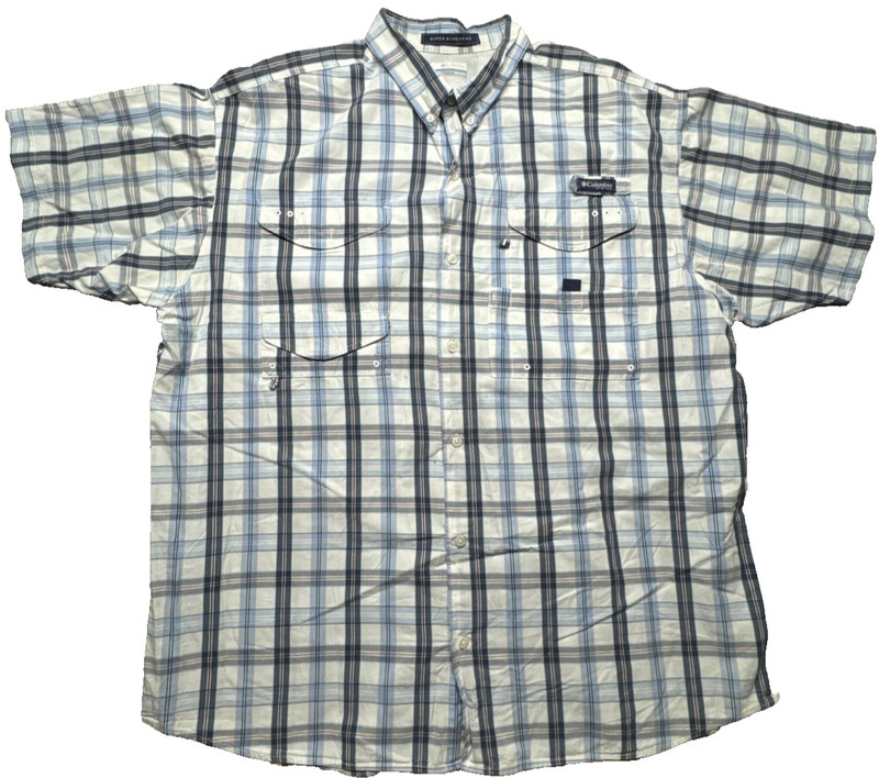 Columbia PFG Men’s Short Sleeve Button Down Shirt XXLarge Plaid Blue Pink 
