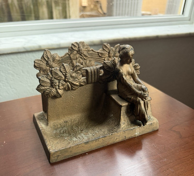 Antique Art Nouveau Spelter Figural Lady Inkwell Letter Holder Gilt Gold Finish