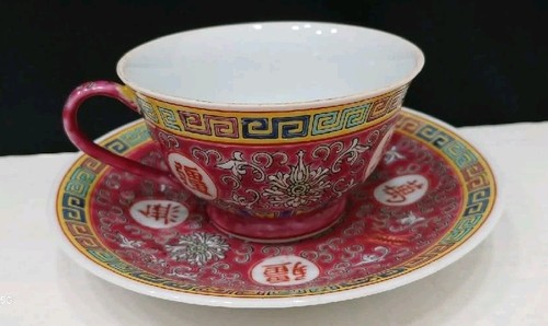 Set tazze da tè e piattini porcellana longevità famiglia cinese Rose Mun Shou