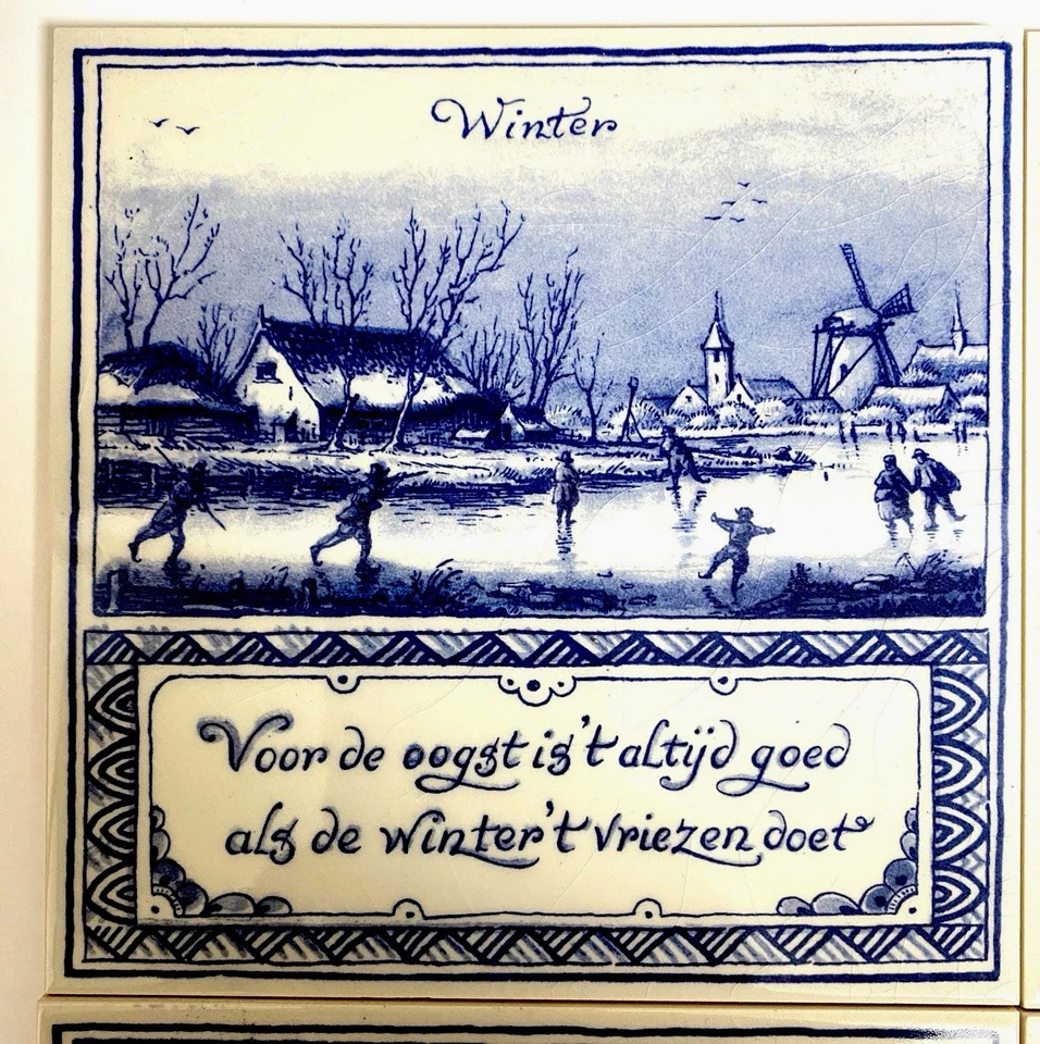 Vintage Set 4 x Delft Blue Holland Ceramic Handmade Art Tiles "Four Seasons" 6" - Image 3 of 4