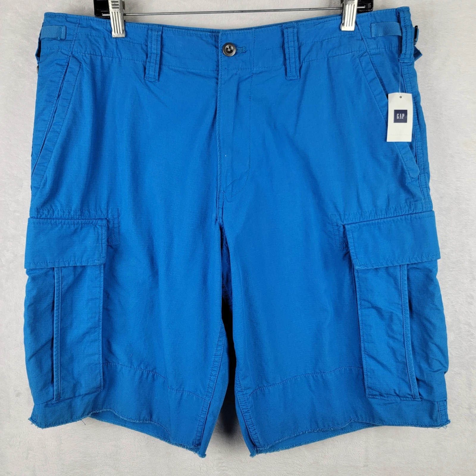 Gap Khaki 36 Cargo Shorts Fringe Raw Hem Adjustable Waist Blue Y2K Streetwear