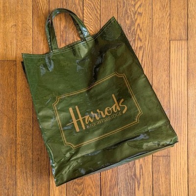 HARRODS Green PVC Gold Logo Double Handle Tote bag Vinyl Made UK Vintage  70's