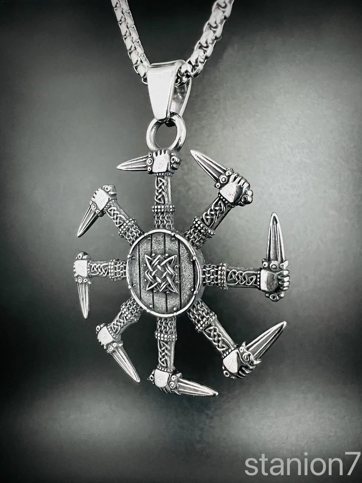 Kolovrat Anhänger Edelstahl Kette Wikinger Hand Schwert Schild Knoten Biker 390B - Bild 3 von 4