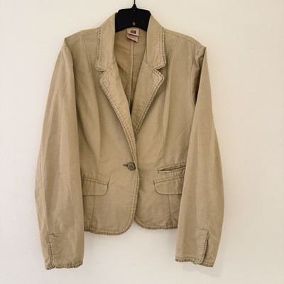 Y2K Cropped Tan Blazer Jacket Size 12 Preppy Retro Bratz Indie Ruffle Hem